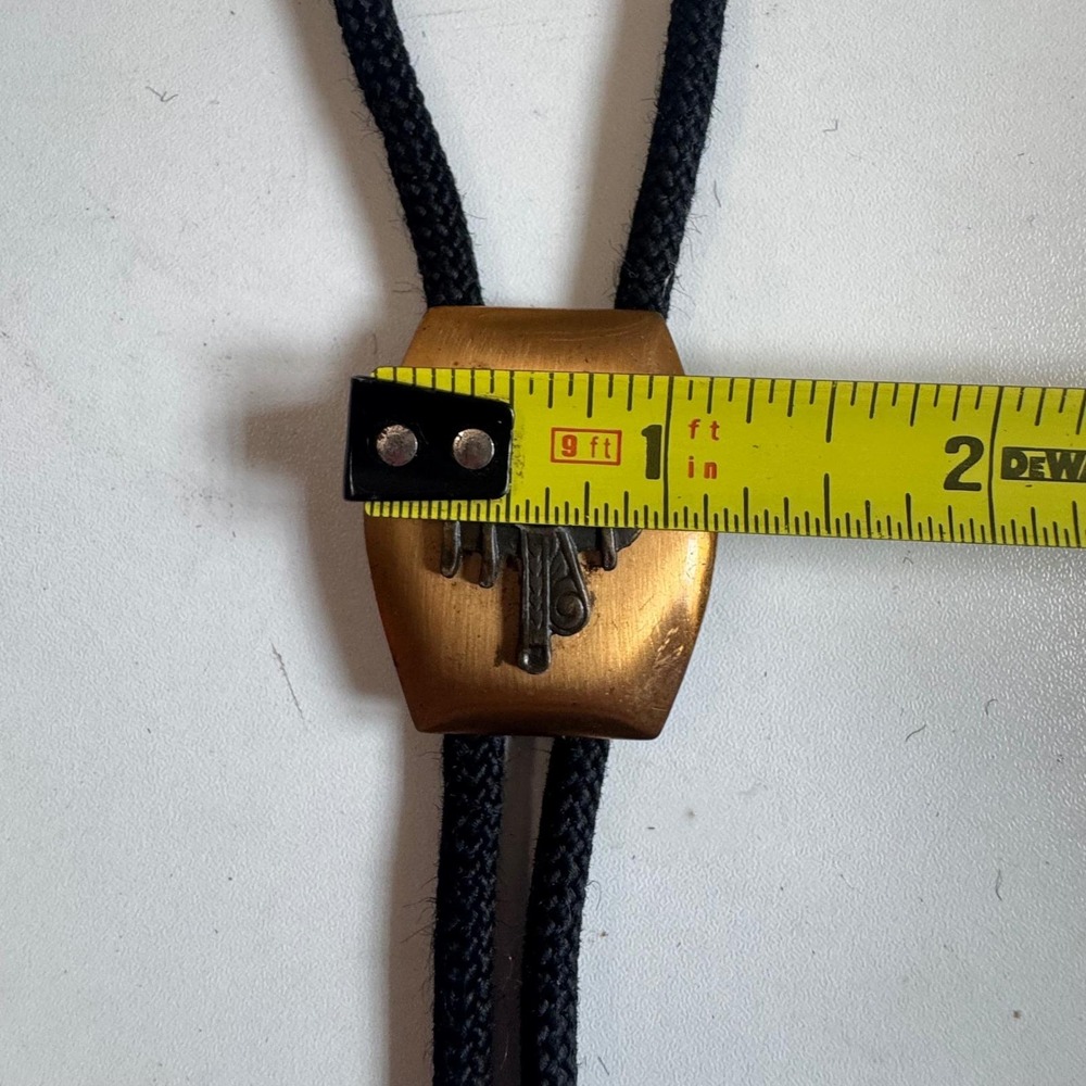 Vintage Western Copper Saddle Bolo Tie Shield Black Braided Cord Cowboy Tie - Picture 5 of 8